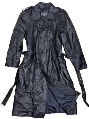 VINTAGE 90s LUCKY LEATHER Trench Coat Retro Black Long Jacket Mens 2XL